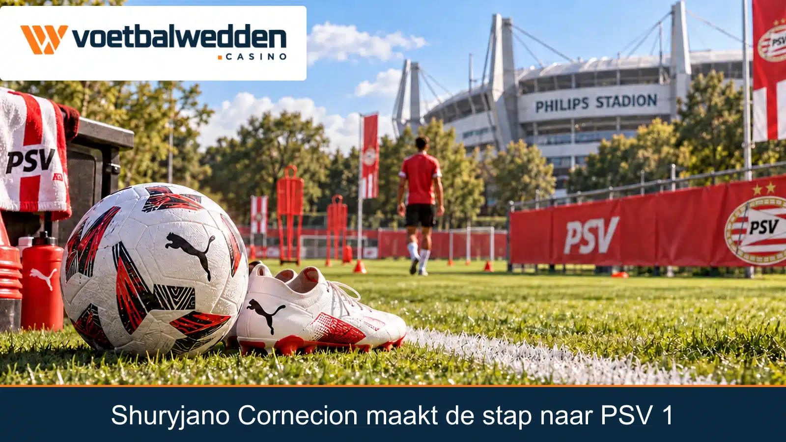 Illustratie van een PSV-trainingsveld bij het Philips Stadion, met voetbal en schoenen