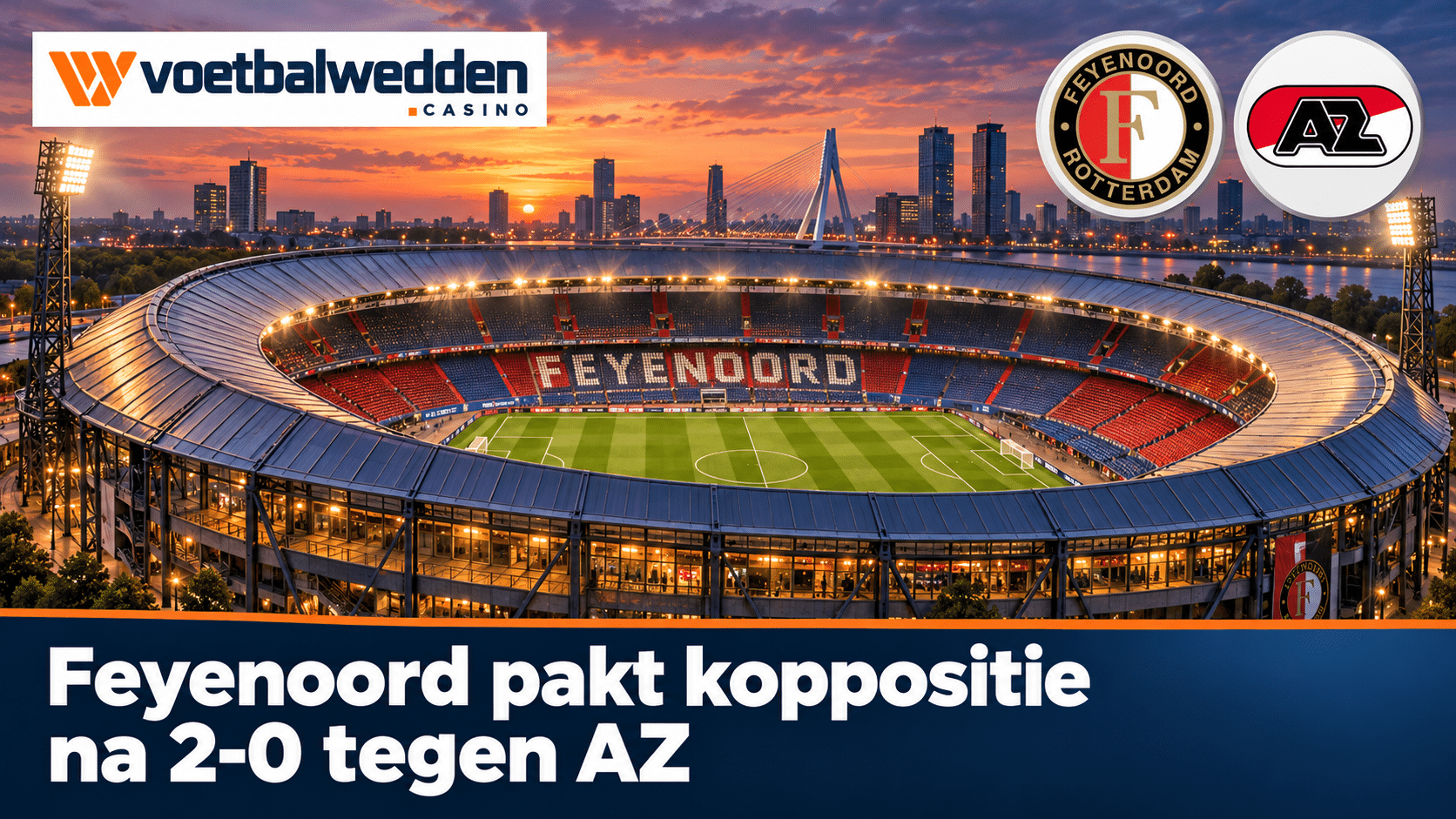 Eigen illustratie van De Kuip met logo’s van Feyenoord en AZ en de nieuwskop.
