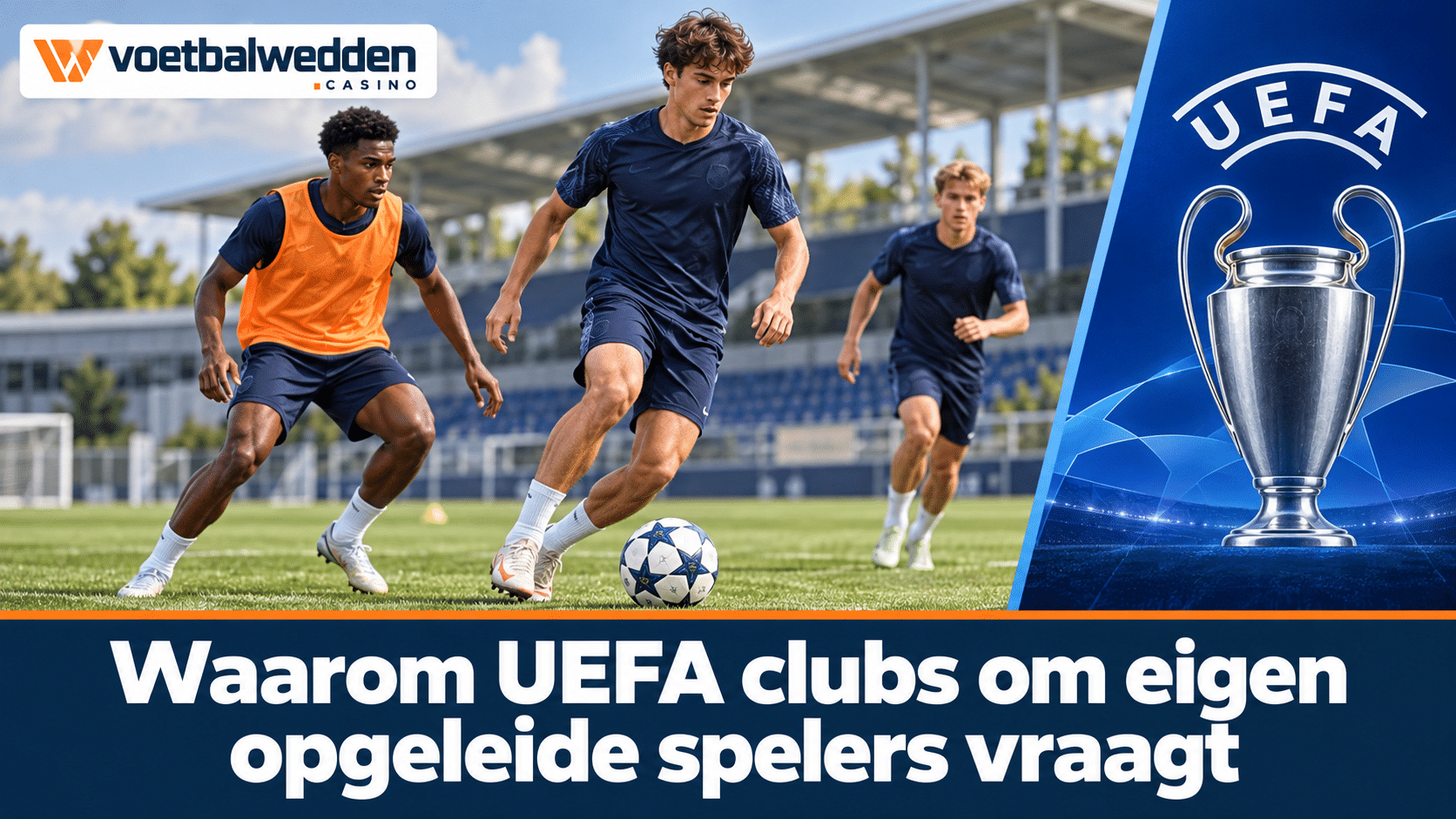 AI-illustratie van jonge voetballers op een trainingsveld met UEFA-themabeeld